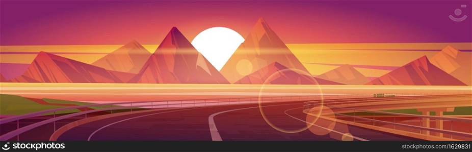 Car overpass road on lake shore with mountains and sun on horizon at sunset. Vector cartoon illustration of summer landscape with highway bridge, river and rocks at evening. Car overpass road, lake and mountains at sunset