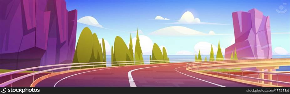 Car overpass road on sea shore with mountains and green trees. Vector cartoon landscape of ocean shore, rocks and highway bridge with metal crash barrier. Summer seascape with road on coast. Car overpass road on sea shore with mountains