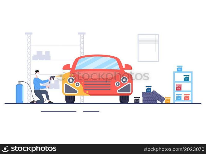 Car Painting Machine with Equipment a Paint, Airbrush or Spray Gun to the Vehicle Body for Give it a New Color in Flat Vector Illustration