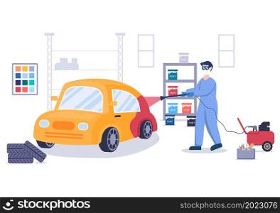 Car Painting Machine with Equipment a Paint, Airbrush or Spray Gun to the Vehicle Body for Give it a New Color in Flat Vector Illustration