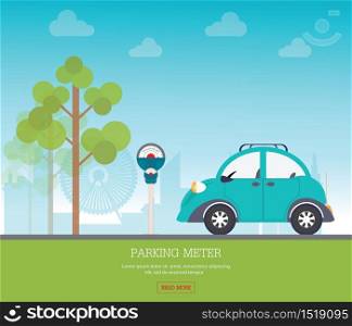 Car park with parking meter on city view background, parking lot , parking zone conceptual Vector Illustration.