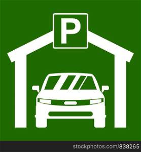 Car parking icon white isolated on green background. Vector illustration. Car parking icon green