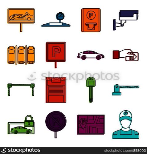 Car parking icons set. Doodle illustration of vector icons isolated on white background for any web design. Car parking icons doodle set