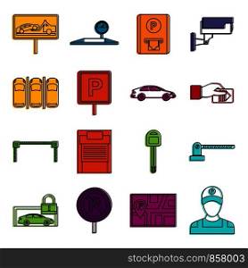 Car parking icons set. Doodle illustration of vector icons isolated on white background for any web design. Car parking icons doodle set