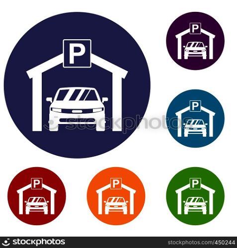 Car parking icons set in flat circle reb, blue and green color for web. Car parking icons set