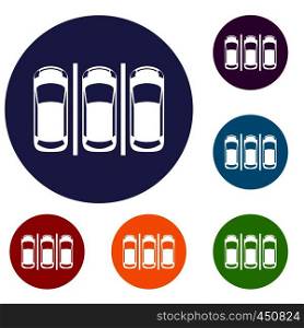 Car parking icons set in flat circle reb, blue and green color for web. Car parking icons set