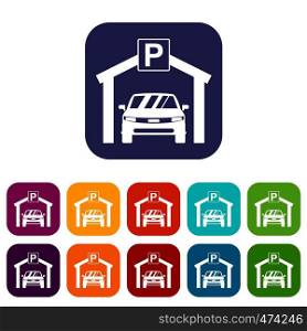 Car parking icons set vector illustration in flat style In colors red, blue, green and other. Car parking icons set