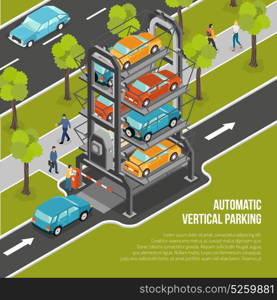 Car Parking Poster. Car parking poster or flyer with automatic vertical parking located in the city vector illustration