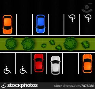 Car parking top view composition with outdoor scenery with green trees and marked asphalt with cars vector illustration