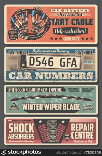 Car parts and mechanic repair service center vintage posters. Vector car registration numbers replacement, vehicle engine start cables and windshield wiper blades, shock absorbers restoration service. Car parts, registration plates and engine cables