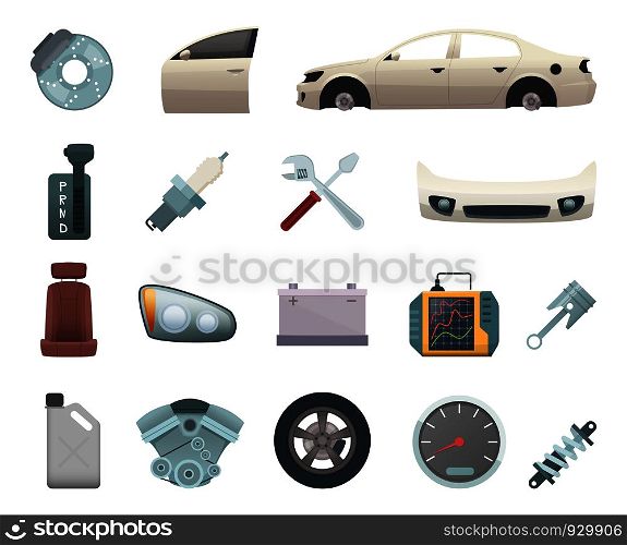 Car parts. Automobile creation kit with gear wheels disc engine transmission steel white door brown seat and headlight vector icons. Auto engine, automobile of part, illustration of wheel machine. Car parts. Automobile creation kit with gear wheels disc engine transmission steel white door brown seat and headlight vector icons