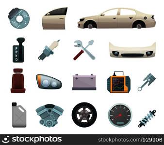 Car parts. Automobile creation kit with gear wheels disc engine transmission steel white door brown seat and headlight vector icons. Auto engine, automobile of part, illustration of wheel machine. Car parts. Automobile creation kit with gear wheels disc engine transmission steel white door brown seat and headlight vector icons