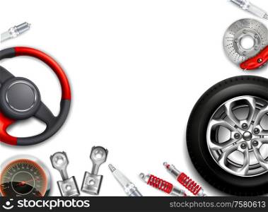 Car parts background with realistic images of alloy disks steering wheel shock absorbers with empty space vector illustration