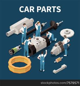 Car parts concept with service and repair symbols isometric vector illustration