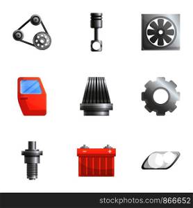 Car parts icon set. Cartoon set of 9 car parts vector icons for web design isolated on white background. Car parts icon set, cartoon style