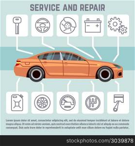 Car parts, service and repair line icons vector infographic template. Car and car parts, service and repair line icons vector infographic template. Banner with automobile speedometer transmission, brakes and battery illustration