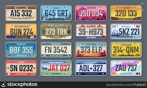 Car plates. American registration numbers of different states, vehicles license plates. Vector isolated illustration colored signs set on gray background. Car plates. American registration numbers of different states, vehicles license plates. Vector isolated signs set