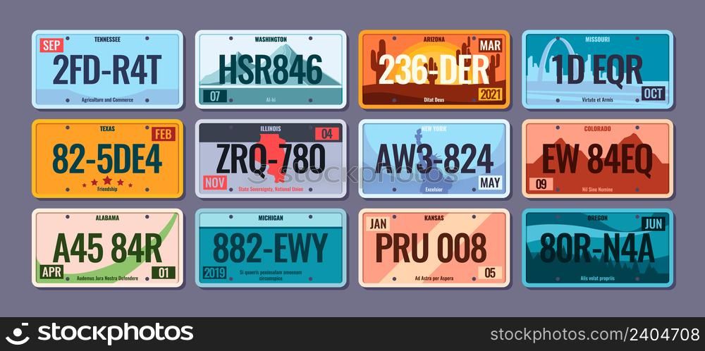 Car plates. Steel vehicle license numbers for usa regions colorado america texas info schemes with numbers and letters garish vector picture templates. Illustration of usa registration license plate. Car plates. Steel vehicle license numbers for usa regions colorado america texas info schemes with numbers and letters garish vector picture templates