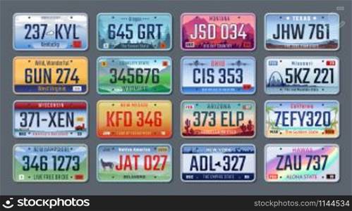 Car plates. Vehicle license numbers of different American states and countries, truck registration numbers. Vector set road transport metal signs. Car plates. Vehicle license numbers of different American states and countries, truck registration numbers. Vector set