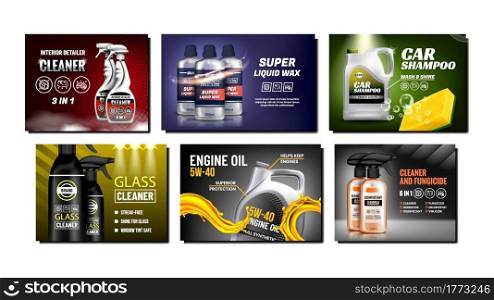Car Products Creative Promotion Posters Set Vector. Engine Oil And Shampoo, Liquid Wax And Glass Cleaner Blank Bottles And Packages Products On Advertise Banners. Style Concept Template Illustrations. Car Products Creative Promotion Posters Set Vector