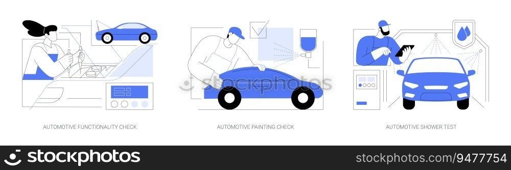 Car quality inspection abstract concept vector illustration set. Automotive engine functionality check, painting quality inspection, vehicle shower test, waterproofing abstract metaphor.. Car quality inspection abstract concept vector illustrations.