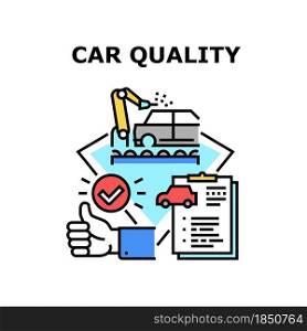 Car Quality Vector Icon Concept. Car Quality Manufacturing Factory And Vehicle Certification, Customer Thumb Up And Gesturing Good Feedback. Automobile Production Color Illustration. Car Quality Vector Concept Color Illustration
