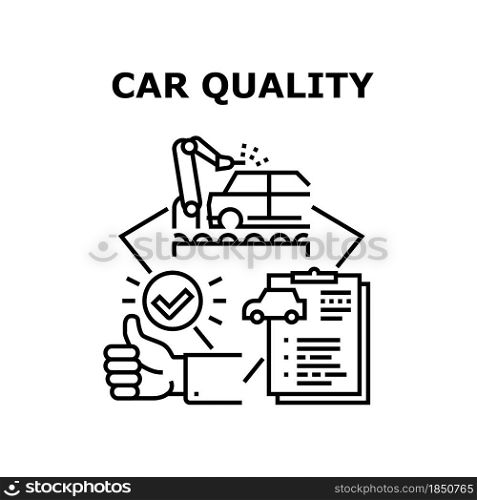 Car Quality Vector Icon Concept. Car Quality Manufacturing Factory And Vehicle Certification, Customer Thumb Up And Gesturing Good Feedback. Automobile Production Black Illustration. Car Quality Vector Concept Black Illustration