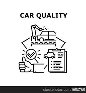 Car Quality Vector Icon Concept. Car Quality Manufacturing Factory And Vehicle Certification, Customer Thumb Up And Gesturing Good Feedback. Automobile Production Black Illustration. Car Quality Vector Concept Black Illustration