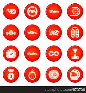 Car race icons set vector red circle isolated on white background . Car race icons set red vector