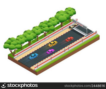 Car race track isometric composition with game racing course with colorful images of cars and trees vector illustration. Gaming Speedway Isometric Composition