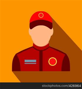 Car racer flat icon. Man in red uniform on orange background. Car racer flat icon