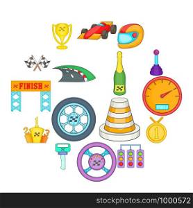 Car racing icons set in cartoon style. Auto sport set collection vector illustration. Car racing icons set, cartoon style