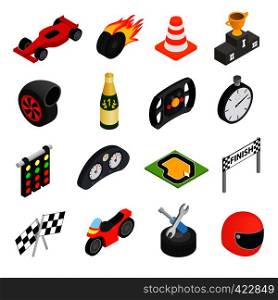 Car racing isometric 3d icons set. Illustrations isolated on a white . Car racing isometric 3d icons