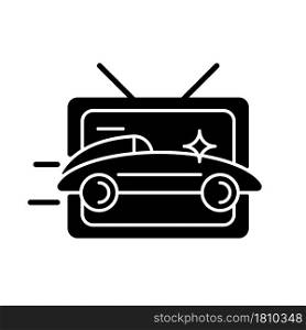 Car racing program black glyph icon. Auto driving competition on television broadcast. Live translation on TV screen for extreme sports. Silhouette symbol on white space. Vector isolated illustration. Car racing program black glyph icon