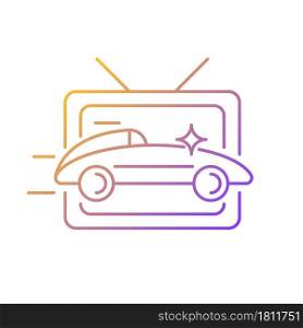 Car racing program gradient linear vector icon. Driving competition on television broadcast. Live translation on TV. Thin line color symbol. Modern style pictogram. Vector isolated outline drawing. Car racing program gradient linear vector icon