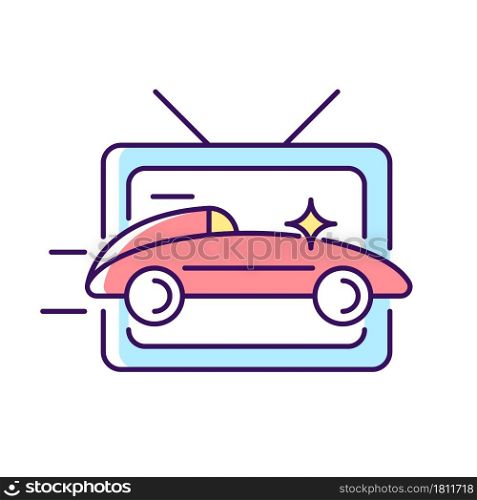 Car racing program RGB color icon. Auto driving competition on television broadcast. Live translation on TV screen for extreme sports. Isolated vector illustration. Simple filled line drawing. Car racing program RGB color icon