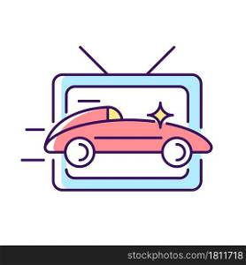 Car racing program RGB color icon. Auto driving competition on television broadcast. Live translation on TV screen for extreme sports. Isolated vector illustration. Simple filled line drawing. Car racing program RGB color icon