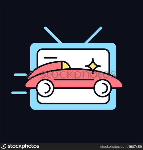 Car racing program RGB color icon for dark theme. Auto driving competition on television broadcast. Isolated vector illustration on night mode background. Simple filled line drawing on black. Car racing program RGB color icon for dark theme