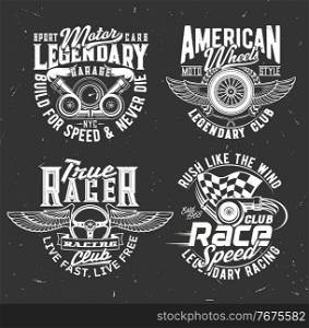 Car rally race tshirt prints with vector checkered flag, vehicle steering wheel and cannons with typography on black grunge background. Racing and motorsport championship t shirt prints or labels set. Car rally race tshirt prints with flag and wheel
