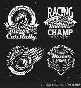 Car rally, racing and motorsport championship vector icons and t-shirt prints. Muscle cars race symbols with checkered flag, mustang horse and speedometer, vehicle wheel and champion stars. Motors racing, cars rally, motorsport symbols