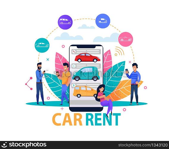 Car Rent App Concept. Flat Design Template. Modern Smartphone Solution for Vehicle Reservation. Banner with Man and Woman People Person Character. Street Transport Share Design. Ride Rental Company.. Car Rent App Concept. Modern Flat Design Template.