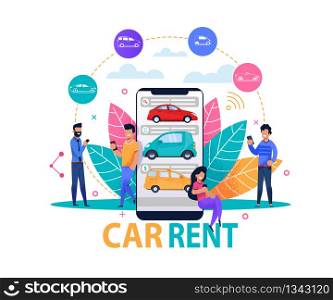 Car Rent App Concept. Flat Design Template. Modern Smartphone Solution for Vehicle Reservation. Banner with Man and Woman People Person Character. Street Transport Share Design. Ride Rental Company.. Car Rent App Concept. Modern Flat Design Template.