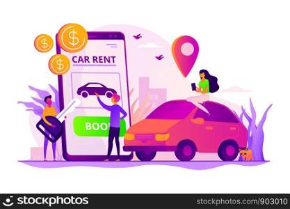 Car rent, automobile leasing. Clients choosing personal transport. Auto dealership. Rental car service, budget car rental, online car booking concept. Vector isolated concept creative illustration. Rental car service concept vector illustration