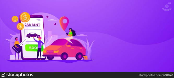 Car rent, automobile leasing. Clients choosing personal transport. Auto dealership. Rental car service, budget car rental, online car booking concept. Header or footer banner template with copy space.. Rental car service web banner concept