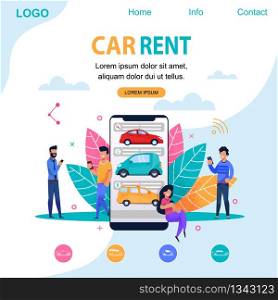 Car Rent Landing Page. Flat Illustration Man Person Character. Smartphone Application for Rental Service. Comfortable Automobile Transport Concept. Travel Solution for People. Automotive Driving.. Car Rent Landing Page. Flat Person Illustration.