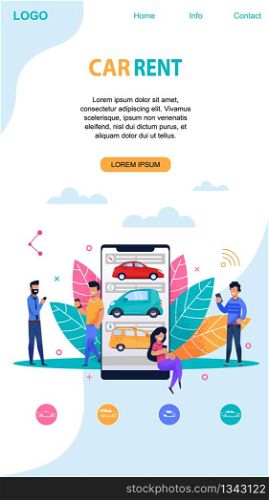 Car Rent Mobile Page Layout with Memphis Symbol. Flat App Template. Vehicle Sharing and Pooling Service Company Vector Website. Customer Driving Ownership. Happy Man and Girl Character.. Car Rent Mobile Page Layout. Flat App Template.