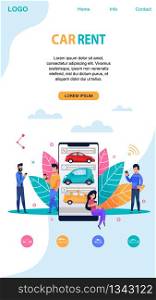 Car Rent Mobile Page Layout with Memphis Symbol. Flat App Template. Vehicle Sharing and Pooling Service Company Vector Website. Customer Driving Ownership. Happy Man and Girl Character.. Car Rent Mobile Page Layout. Flat App Template.