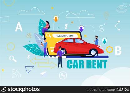 Car Rent Modern Flat Illustration. Mobile Tablet Search. Modern Design with Memphis Style Elements. Cloud Service Solution for Vehicle Reservation. Trendy Pastel Color Car Pool Layout Concept.. Car Rent Modern Flat Illustration. Mobile Search.