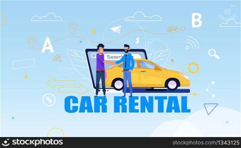 Car Rent Service Flat Design. Man Person Meet, Smiling and Hand Shake near Yellow Rental Red Sedan Car. Customer Tablet with Vehicle Search on Screen. Mobile Online Solution Concept.. Car Rent Service Flat Design. Man Person Character