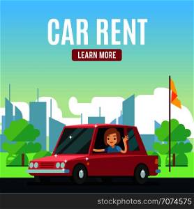 Car rental poster concept. Cartoon-style vector girl on red car. Auto rent business, automobile transportation advertising illustration. Car rental poster concept. Cartoon-style vector girl on red car